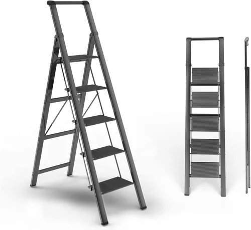 E-riding Escalera de 5 peldaños, taburete plegable, escalera portátil plegable de hierro negro para techo de 10 pies de altura con pedal ancho