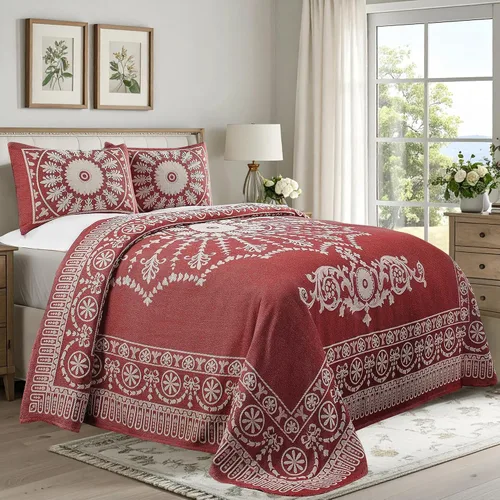 Miniatura 2 de Superior Juego de colcha de mezcla de algodón de 3 piezas, manta ligera, 2 fundas de almohada a juego, ropa de cama a medida, dormitorio Berry Red