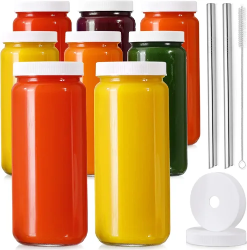 Paquete de 8 botellas de vidrio para jugo con 2 popotes y 2 tapas con agujero, tarros de viaje de 16 onzas, vasos de agua con tapas herméticas Tapas