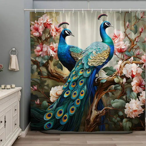 Cortina de ducha de pavo real, asiática, hermosos pájaros, peonía, floral, primavera, flores, plantas, animales salvajes, retro, vintage, tela de