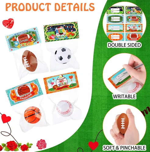 Miniatura 3 de Zhanmai 36 bolas de estrés deportivas para el día de San Valentín con tarjetas de regalo para niños, baloncesto, béisbol, fútbol, fiesta