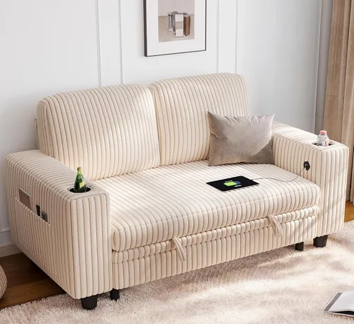 Miniatura 34 de LINSY HOME Sofá cama modular extraíble para sala de estar (beige, sofá cama 1) Sofá cama extraíble, almacenamiento, carga USB, portavasos, pana