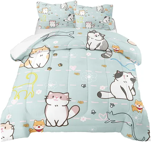 Juego de ropa de cama de tamaño individual, edredón de gatos de dibujos animados para niñas, niños y adolescentes, juego de edredón azul con patrón