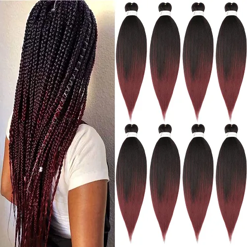 Extensiones de cabello trenzado preestiradas de color negro degradado a borgoña, cabello trenzado de ganchillo profesional de 26 pulgadas, 8