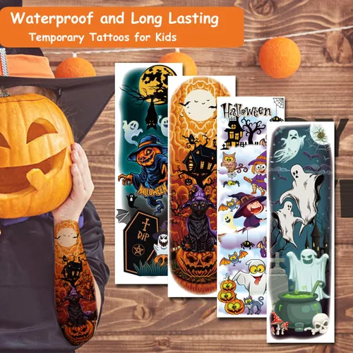 Miniatura 4 de CHARLENT Tatuajes temporales de brazo completo de Halloween para niños, 11 hojas de tatuajes de Halloween de brazo completo para niños y niñas