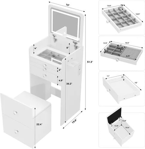 Miniatura 2 de VOWNER Escritorio de tocador 3 en 1 con espejo de luz LED abatible y escritorio de cristal, pequeño tocador de maquillaje con 3 cajones, tocador