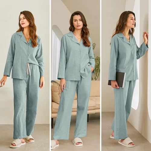 Miniatura 5 de Ekouaer Conjunto de pijama de dos piezas para mujer de lino y algodón con botones de manga larga con bolsillo S-XXL