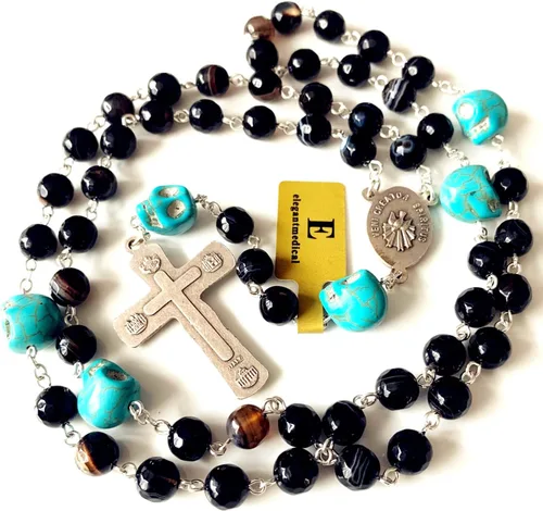 Miniatura 3 de elegantmedical Collar de regalo católico hecho a mano con cuentas de calaveras y ágata negra, rosario, cruz, crucifijo católico, regalo para hombre