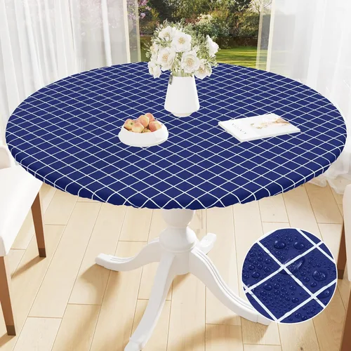 Miniatura 17 de Mantel redondo de vinilo de 36 a 44 pulgadas, mantel elástico impermeable con reverso de franela, mantel de plástico para picnic, campamento, al Café