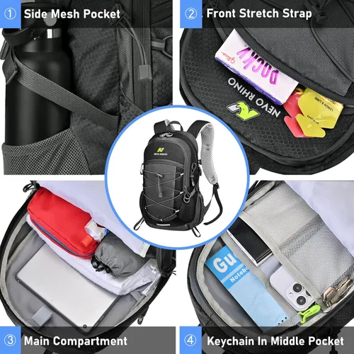 Miniatura 3 de N NEVO RHINO Mochila de senderismo 20L resistente al agua, mochila de día ligera para viajes, mochila pequeña para hombres y mujeres Negro
