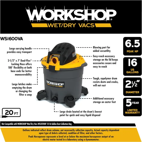 Miniatura 3 de Taller Wet Dry Vac ws1600va alta capacidad Wet Dry Vacuum Cleaner, 16-Gallon tienda Vacuum Cleaner, 6,5 Pico HP aspiradora en húmedo y seco