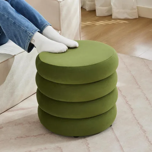 Miniatura 7 de Flouki Taburetes otomanos redondos de almacenamiento de 19.5 pulgadas, taburetes de tocador para dormitorio, puf otomano de terciopelo con tapa Verde