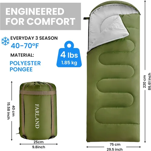 Miniatura 2 de FARLAND Sacos de dormir de 30 ℉ para adultos, adolescentes y niños con saco de compresión portátil y ligero para campamento de 3 a 4 estaciones