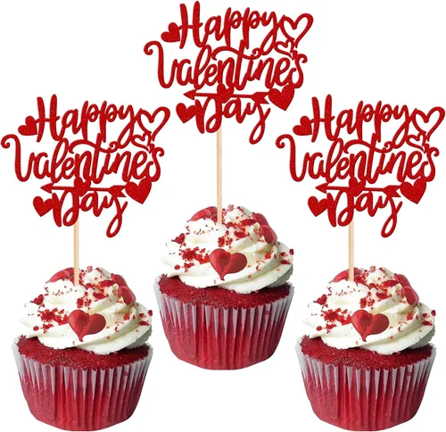 Miniatura 12 de Rsstarxi Paquete de 24 adornos para cupcakes para el día de San Valentín, con purpurina roja, dulce amor, para cupcakes, decoración de San Valentín