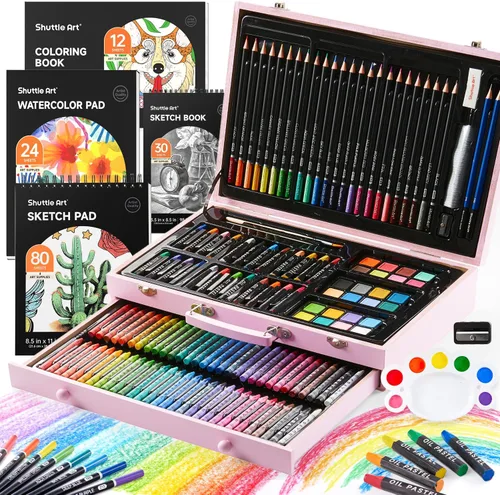 Miniatura 12 de Shuttle Art - Juego de 149 piezas de arte de lujo, suministros de arte en estuche de madera, kit de dibujo y pintura con crayones, lápices de Marrón