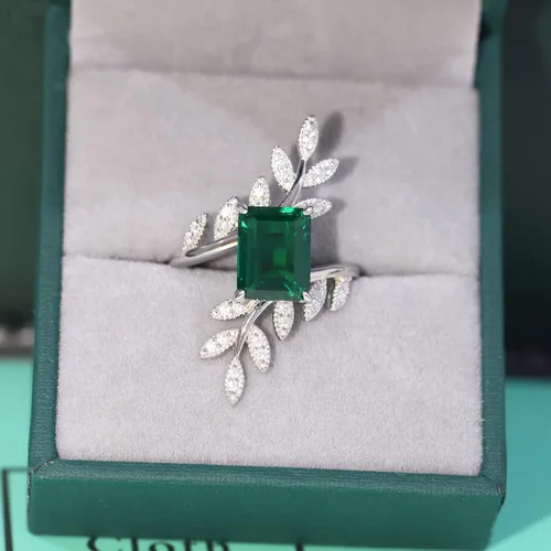 Miniatura 2 de MayaRuth Anillo cruzado único de plata de ley 925 con piedras preciosas de esmeralda creadas y simuladas, hoja de plumas de cóctel, vintage, largo
