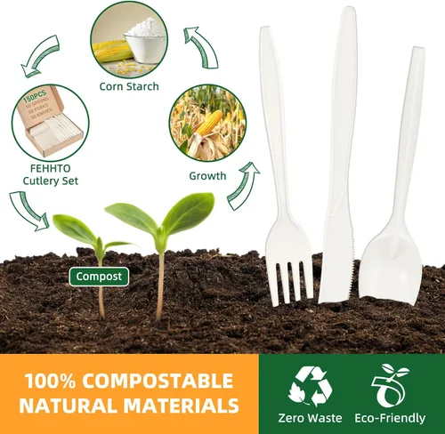 Miniatura 3 de Juego de cubiertos 100% compostables, 150 piezas (50 tenedores, 50 cucharas, 50 cuchillos) utensilios desechables de almidón de maíz resistentes