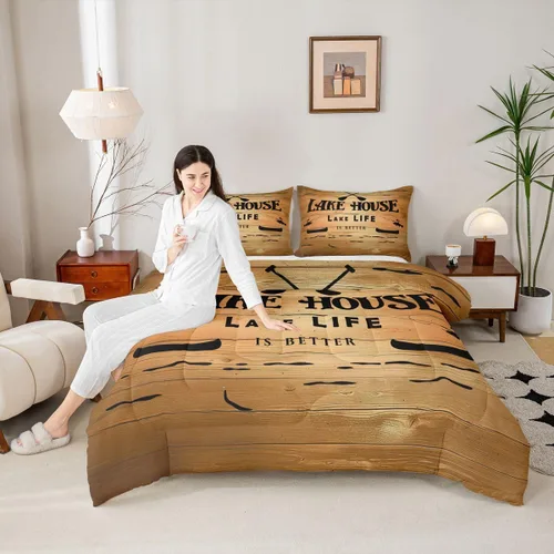 Miniatura 3 de Erosebridal - Juego de ropa de cama con decoración de casa lacustre, juego de edredón con paletas de madera coloridas tamaño completo, juego de ropa