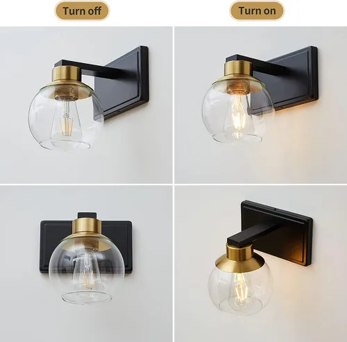Miniatura 6 de Juego de 2 apliques de baño, apliques de pared negros y dorados juego de dos, luz de tocador de baño con pantalla de vidrio transparente, luminarias