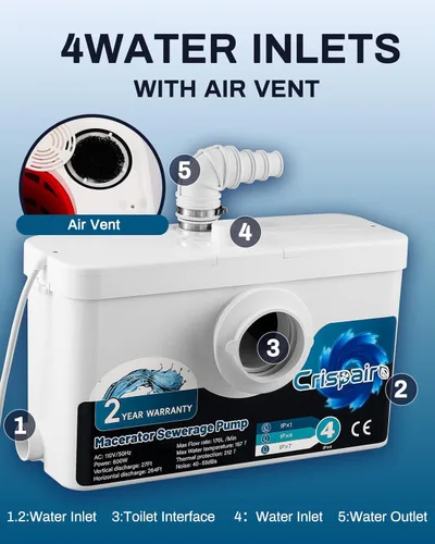 Miniatura 4 de Bomba de alcantarillado macerador de 600 W - 33 pies/328 pies, flujo de 170 L/minuto para inodoro de sótano, fregadero, ducha, cocina, lavandería, 4