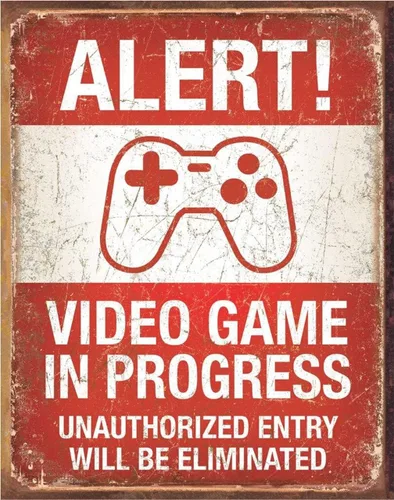 Desperate Enterprises Alert! Cartel de lata de videojuegos en progreso – Decoración nostálgica de pared de metal vintage – Hecho en Estados Unidos