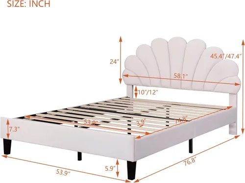 Miniatura 2 de Cama de plataforma tapizada de tamaño matrimonial con cabecera de terciopelo, no necesita somier, color beige
