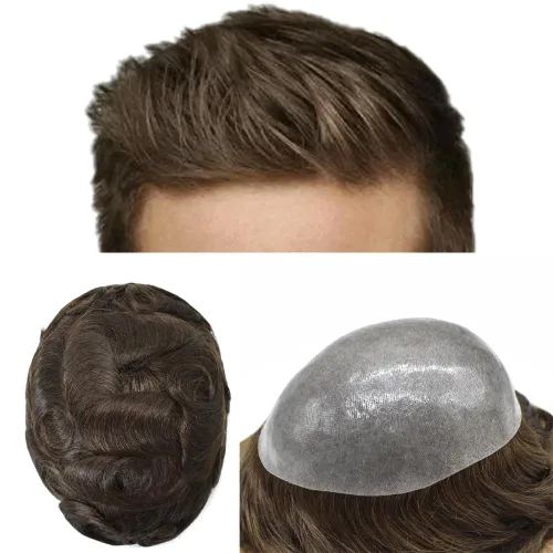 Miniatura 19 de Toupee para hombres pieza de cabello humano real para hombre, sistema de pelo de piel de poliéster para hombre, protesis capilar para hombre