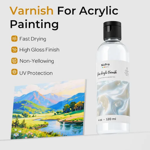 Miniatura 4 de Nicpro Barniz Brillante para Pintura Acrílica 4oz, Sin Amarilleamiento, No Tóxico, Anti-Agrietamiento, Barniz Acrílico Transparente para Artistas