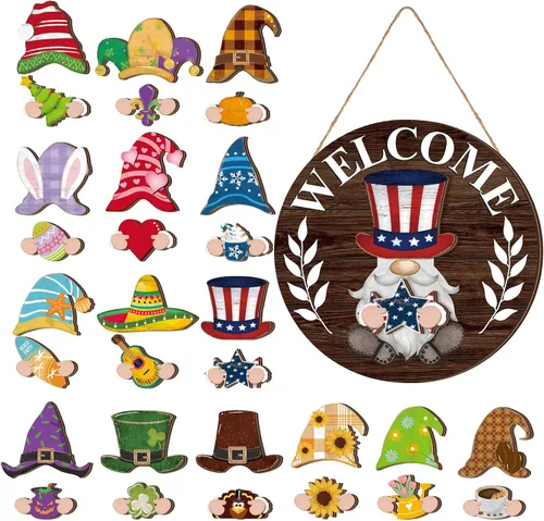 Miniatura 16 de Qunclay 31 piezas 3D de grano natural intercambiable de madera gnomo para puerta, decoraciones navideñas de gnomo con piezas magnéticas y sombreros