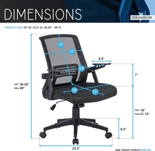 Miniatura 3 de Techni Mobili, Silla ergonómica negra de malla de oficina Mid-back office chair, lumbar support, breathable mesh back, height adjustable, flip-up