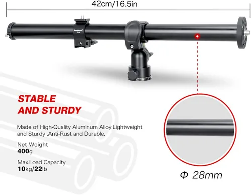 Miniatura 2 de Koolehaoda Brazo de extensión de trípode de 16.5" con columna central horizontal, extensión de boom de 28mm con base giratoria rotativa de 360°