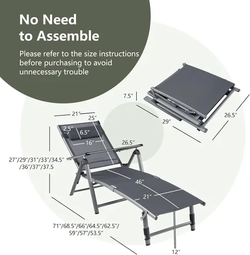 Miniatura 2 de Tangkula 2 sillones de aluminio para exteriores, tumbona plegable para patio con 8 respaldos y 2 posiciones ajustables de patas, sillón reclinable