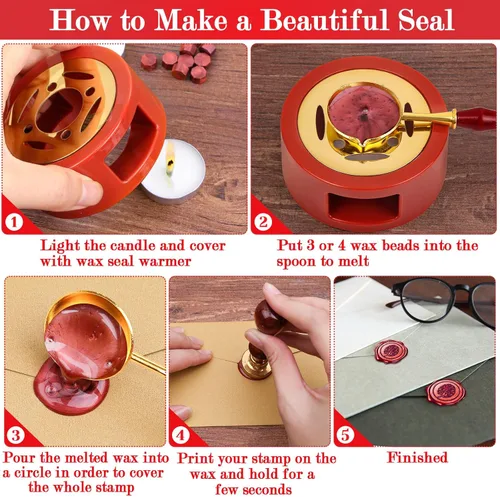 Miniatura 5 de PAXCOO - Juego de 312 sellos de cera roja con cuentas de sello de cera roja, calentador de sellos de cera, cuchara de cera y velas para sobres