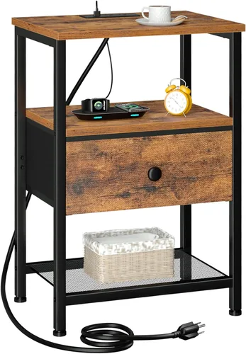Miniatura 9 de LOAKEKEL Mesita de noche, mesita de noche con estación de carga, mesa auxiliar con almacenamiento 2 cajones de tela para dormitorio, mesa auxiliar