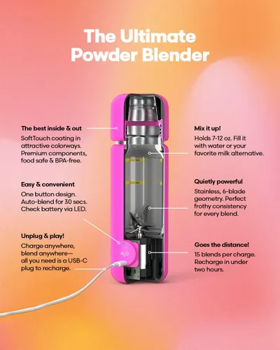 Miniatura 3 de VEJO Botella mezcladora eléctrica de proteínas de 12 onzas, mezclador de polvo recargable por USB para batidos de proteínas, pre-entrenamiento, Rosa