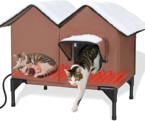 Miniatura 11 de Casa climatizada para gatos en invierno exterior, casa para gatos climatizada extra grande, resistente a la intemperie, cama elevada, puerta