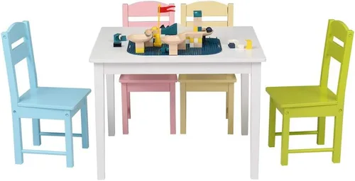 Miniatura 5 de Juego de mesa y 4 sillas de madera para niños, juegos de mesa de actividades para niños pequeños para dibujar lectura arte sala de juegos, muebles