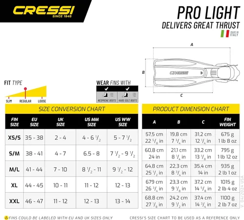 Miniatura 6 de Aletas de buceo con talón abierto Pro Light de Cressi, hechas en Italia Amarillo