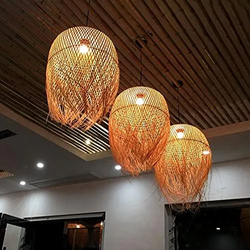 Miniatura 3 de Lámpara colgante LED, lámpara colgante de ratán tejido cruzado, colgante de cúpula rústica, 1 bombilla beige, lámpara colgante de techo con flecos