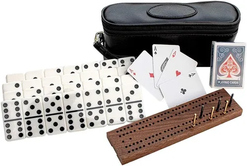 Miniatura 2 de Alex Cramer The Perfect Traveler Classic Domino Set con estuche de viaje de aspecto de cuero y una baraja de naipes en miniatura (juego de dominó)