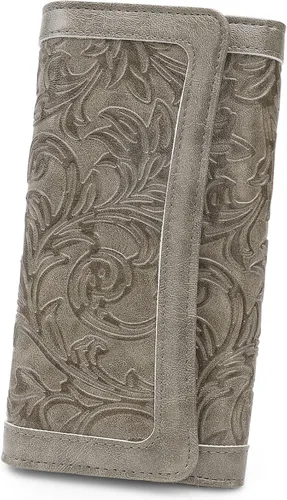 Miniatura 23 de MEITRUE Cartera de cuero para mujer, con bloqueo RFID, triple pliegue, con relieve, soporte para tarjetas, organizador de chequera para teléfono