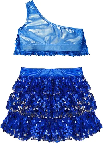 Miniatura 15 de JEATHA Top corto con borlas y lentejuelas brillantes para niñas, con minifalda, jazz latino, salsa, samba, rumba, baile
