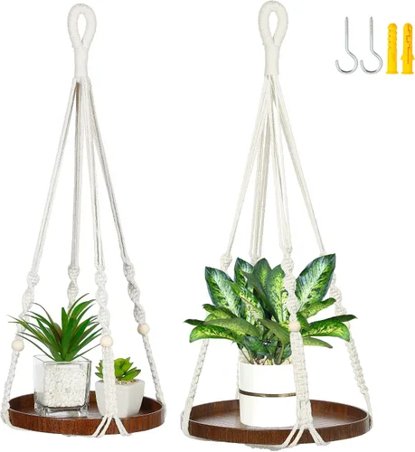 Miniatura 9 de Colgador de macramé de 2 niveles Colgador de plantas para interiores, maceta colgante Estante para macetas colgantes (beige)