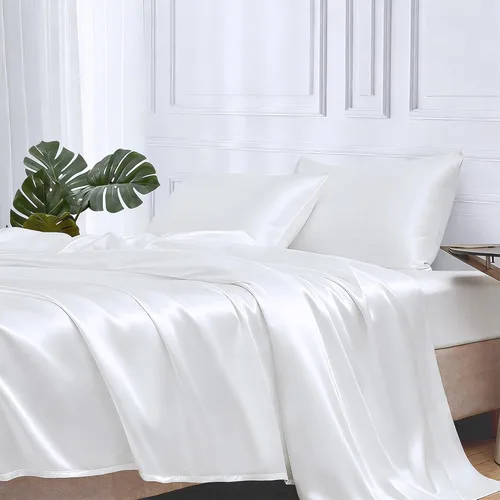 MR&HM Sábanas de satén para cama de tamaño King, juego de 4 piezas de ropa de cama sedosa con bolsillo profundo de 15 pulgadas para colchón (King,