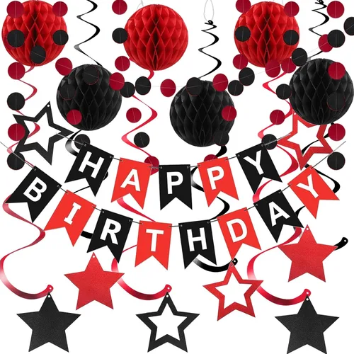 Miniatura 9 de Decoraciones de cumpleaños negras y doradas, pancarta de feliz cumpleaños con estrellas negras y doradas, serpentinas colgantes de espiral, bolas