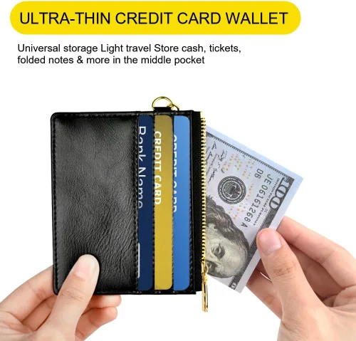 Miniatura 41 de URAQT Cartera para tarjetas de crédito, cartera minimalista de cuero delgado con cremallera, mini protector de tarjeta de crédito, llavero bolsillo