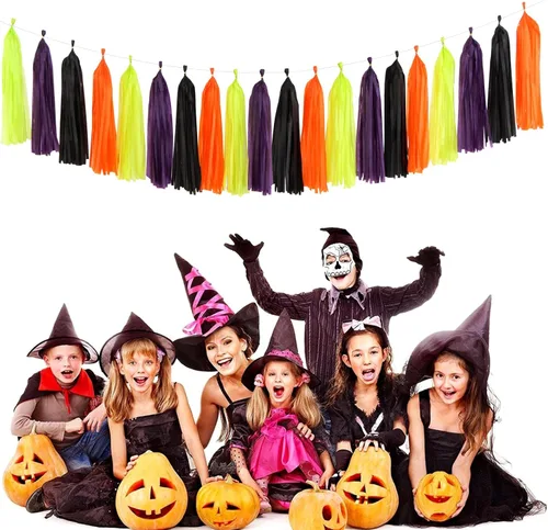 Miniatura 5 de Decoraciones de Fiesta de Halloween Negro-Morado Naranja Verde - 30 piezas Pompones de Papel Tissue, Serpentinas, Guirnalda de Borlas, Pancarta