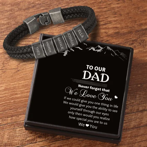Miniatura 5 de Pulsera personalizada con nombre para hombre, pulsera de cuero personalizada para hombre con 2-5 cuentas vintage grabadas con nombres de familia