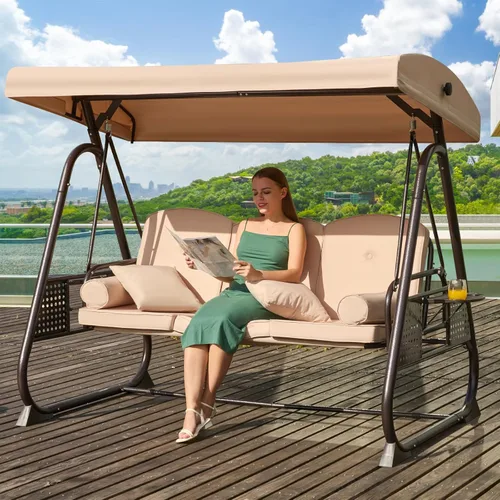 Miniatura 11 de Columpio de porche para exteriores 3 en 1 con toldo ajustable, columpio de 3 asientos para adultos, columpio de patio con cojines gruesos, almohadas