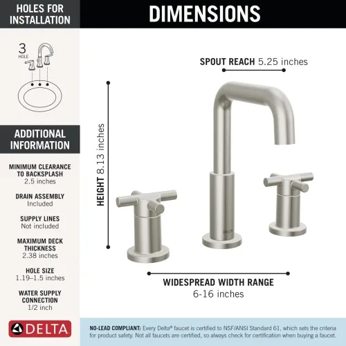 Miniatura 5 de Delta Nicoli Grifo de Baño de Níquel Cepillado de 3 Orificios, 8 Pulgadas de Separación Amplia Grifo de Lavabo de Baño para Tocador, Ensamblaje